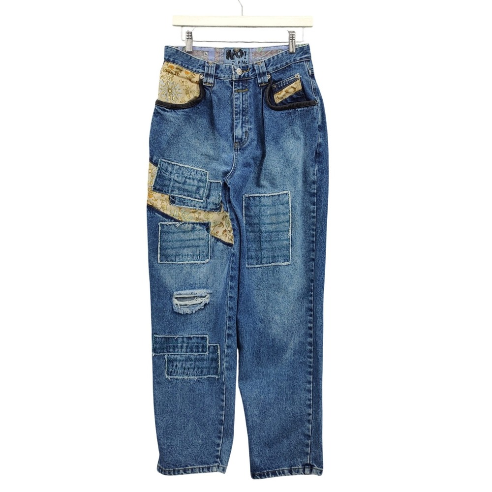 Vintage NO! Womens 90s Cottage Y2K Patchwork Straight Leg Jeans 28 Blue Brocade
